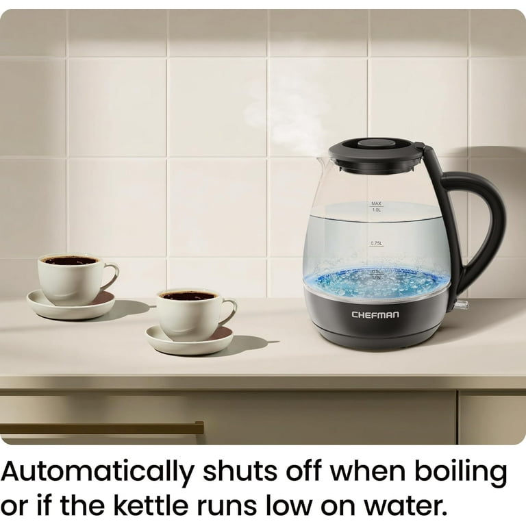 Chefman 1L Electric Glass Kettle w/ LED Indicator Light, Automatic Shutoff - Black, New