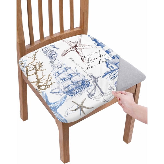 Coastal Blue Chair Seat Covers for Dining Room Stretch Chair Seat Covers Set of 2, Ocean Nautical Lighthouse Starfish Anchor Chair Seat Protector Cushion Slipcovers for Kitchen Restaurant Office
