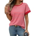 thumbnail image 3 of Women'S Short Sleeve Knit Tops Trendy Crewneck Striped T Shirts Casual Summer Blouses Outfits Deep Pink S, 3 of 10