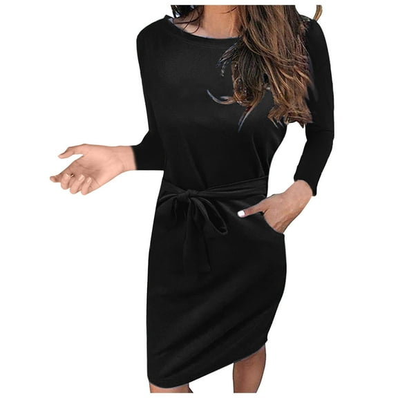 VSSSJ Women's Long Sleeve Casual Dresses Crew Neck Tie Waist Knee Length Daily Solid Color Comfy Loose T-Shirt Dress with Pockets Black XL