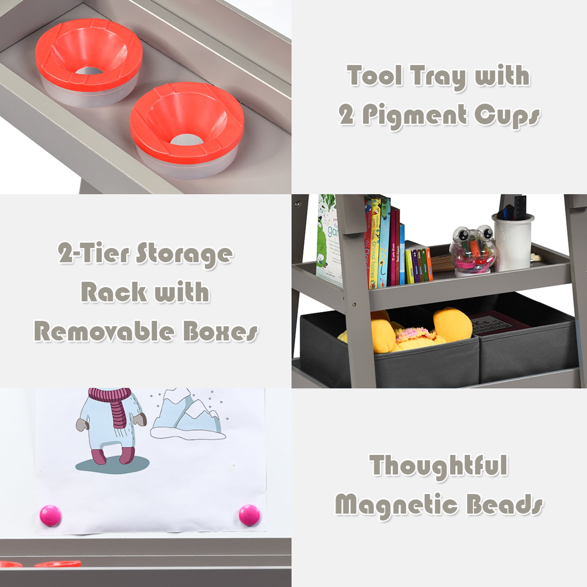 Gymax 3 in 1 Double-Sided Storage Art Easel w/ Paint Cups for Kids Writing Earl Grey