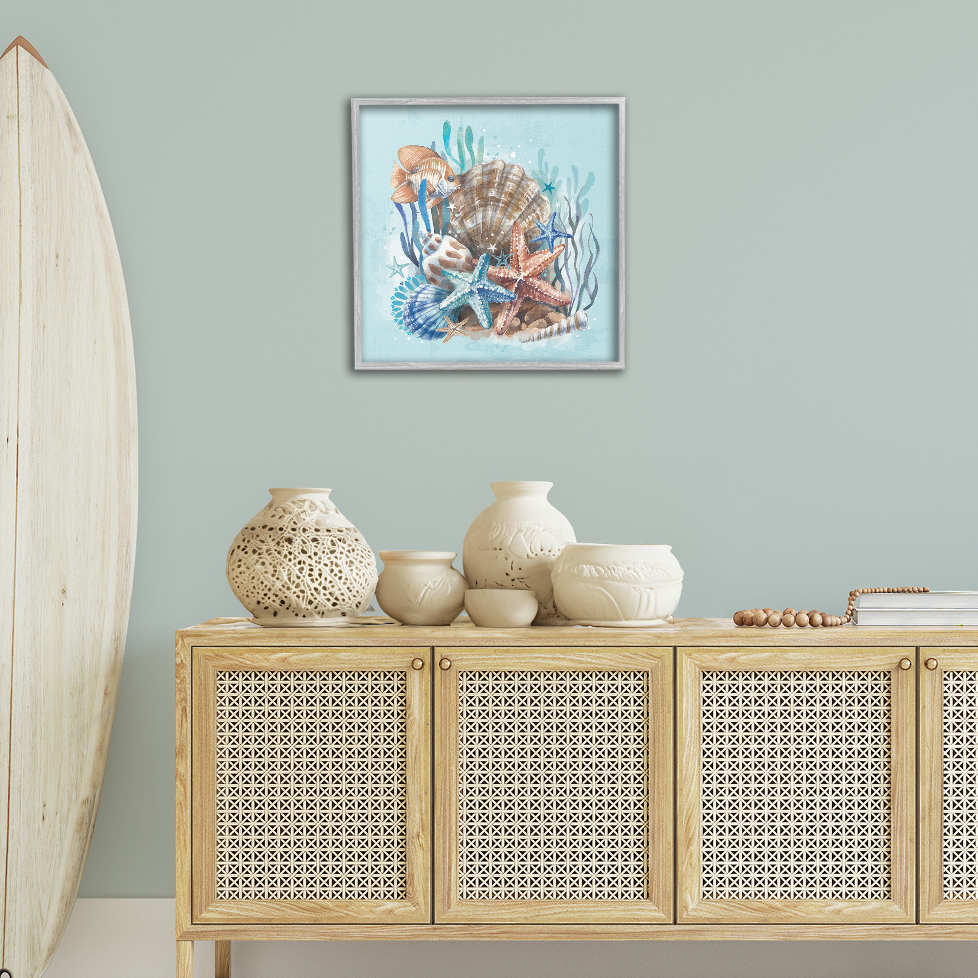 Stupell Industries Seashell Still Life Coastal Painting Gray Framed Art Print Wall Art, 24 x 24
