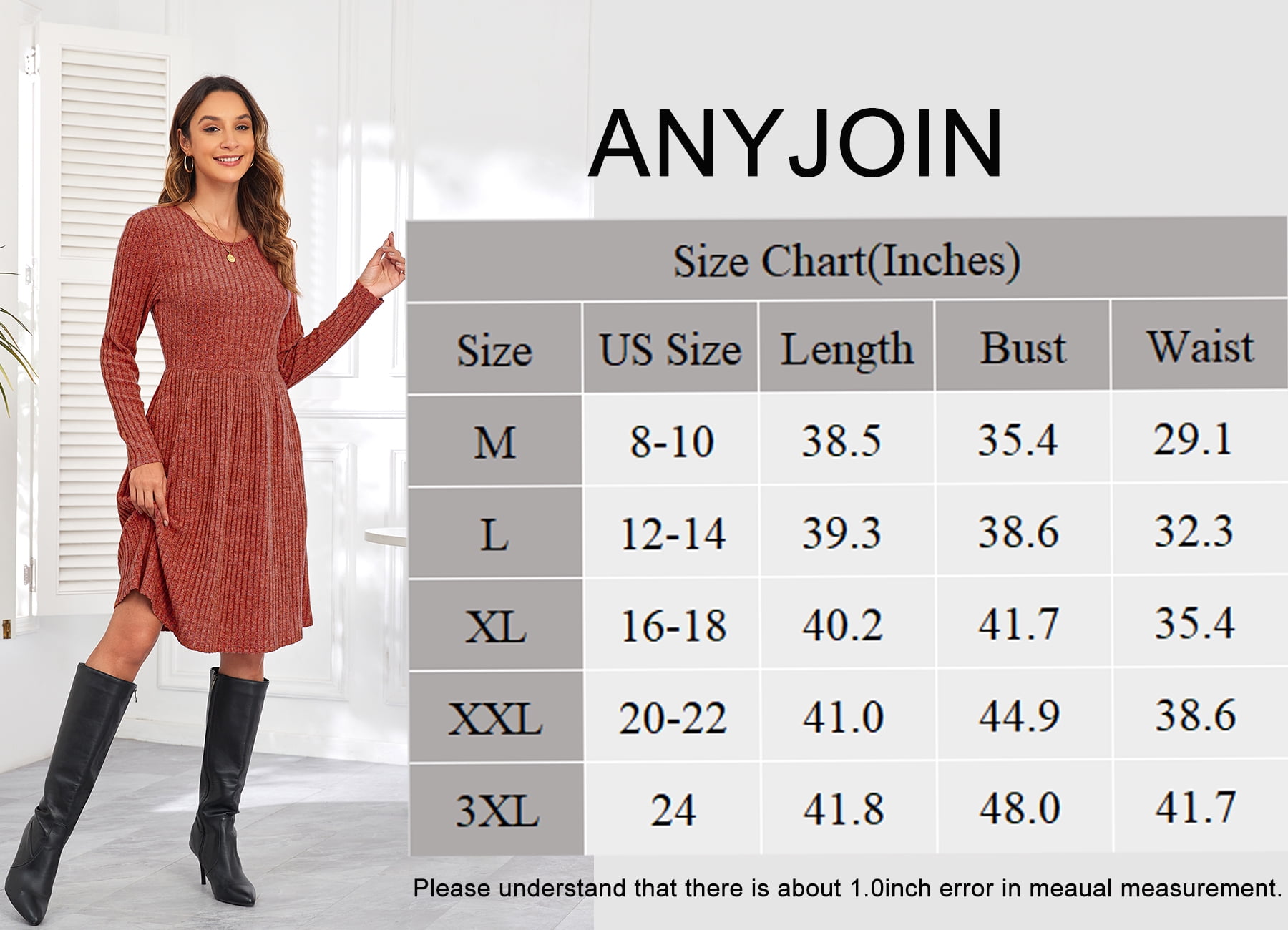 Women's Knit Sweater Dress Long Sleeve Pleated Loose Casual Dress with Pockets Knee Length