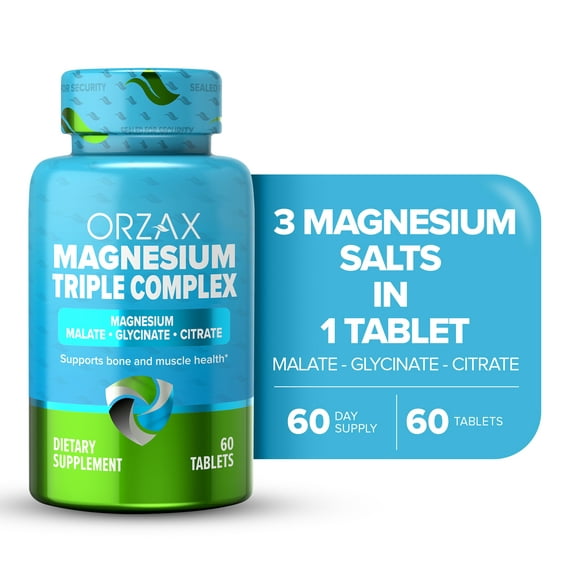 ORZAX Magnesium Complex, Vegan 200 mg Triple Mag Glycinate, Malate & Citrate, High Absorption,  Gluten & Dairy Free, 60 Tablets