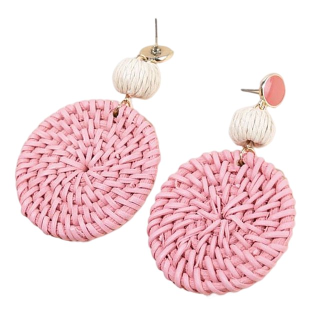 Pendientes de ratán hechos a mano Yuyangstore redondos de borla de Paja ligera Rosado
