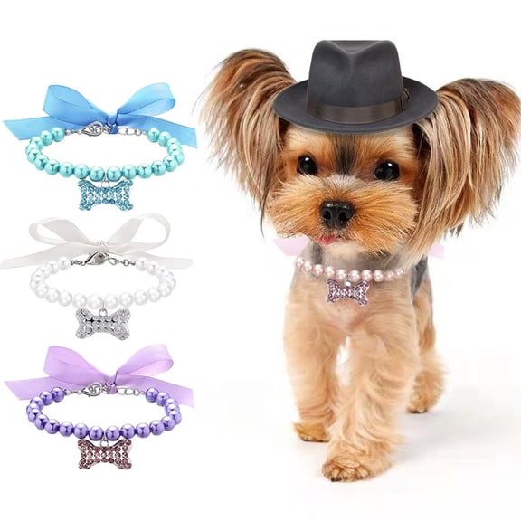 Imitation Pearl Pet Necklace with Rhinestone Heart for Small Dogs and Cats, Cute Bow Jewelry Neck Chain Accessory for Party, PinkM