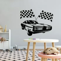 Sports Wall Decals for Boys Bedroom - Speedy Race Car with Checkered Flags Car DIY & Creativity Boy Girl Bedroom Wall Sticker - Size: 20 In x 16 In