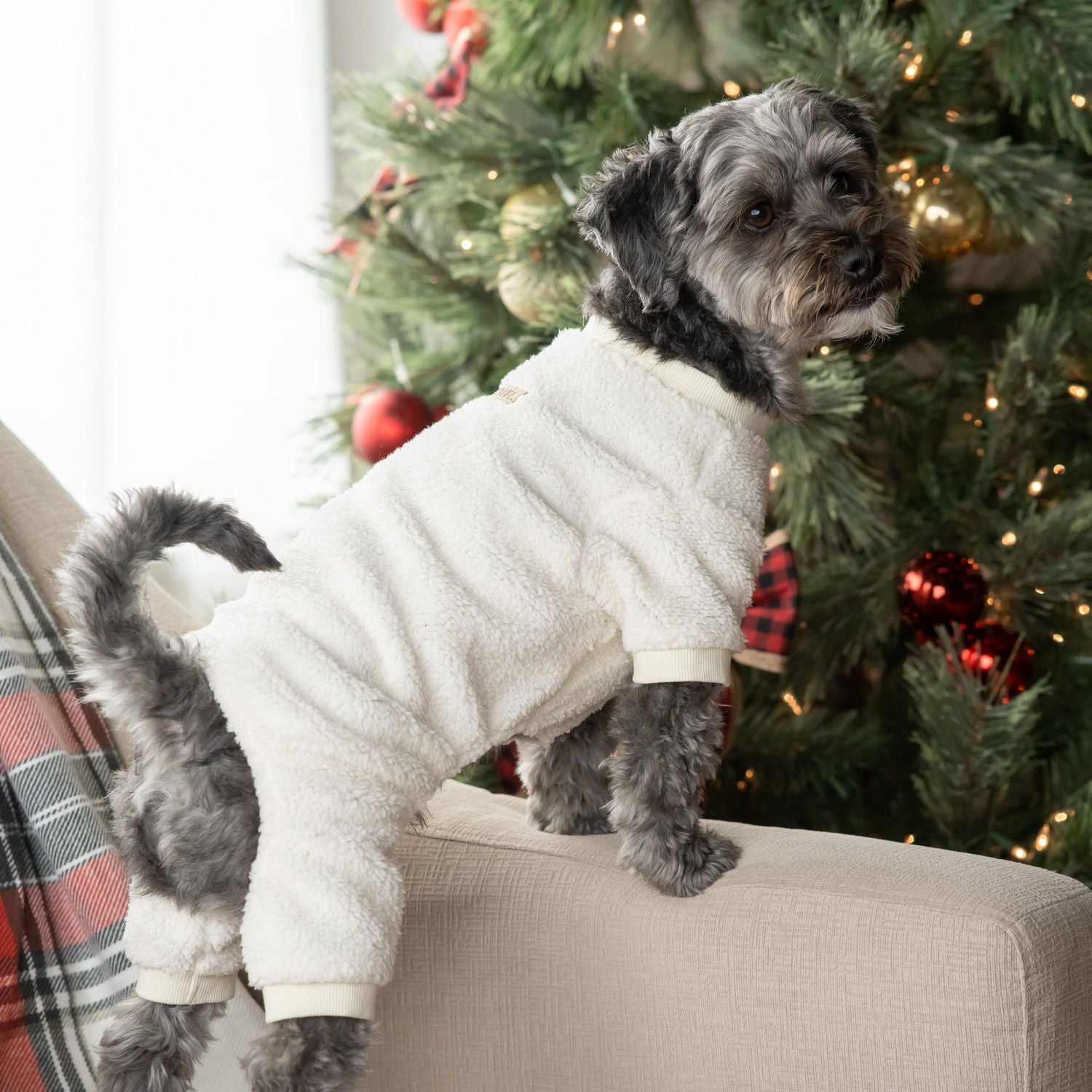 Vibrant Life White Fuzzy Pet Holiday PJ pour animaux de compagnie - Pyjama pour chien et chat - Blanc