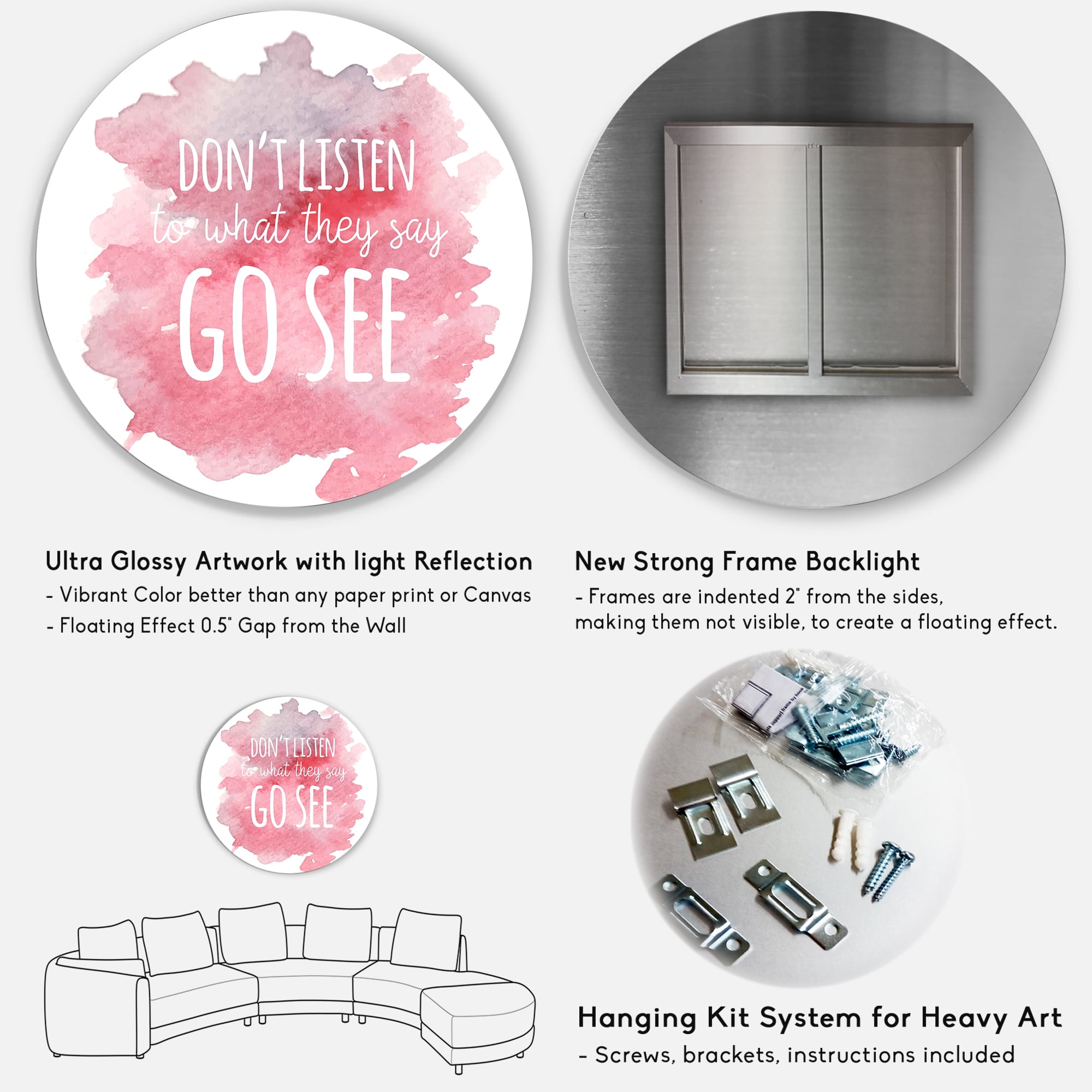 Designart 'Don't Listen To What They Say Go See On Pink Background' Traditional Circle Metal Wall Art 36x36 - Disc of 36