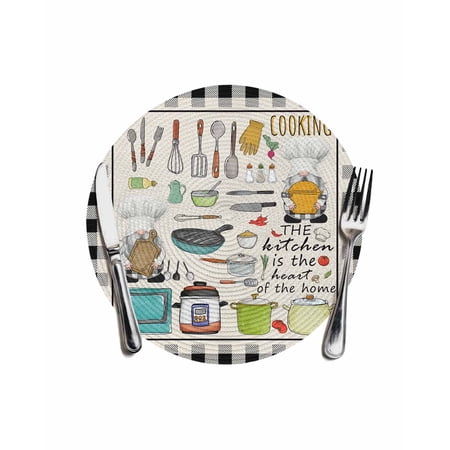 Kitchenware Gnomes Round Placemats for Dinning Tables Heat-proof Braided Table Mats 13 Inch Kitchen Cooking Tool Retro Plaid Washable Place Mat for Kitchen Restaurant Party Decor Table Setting