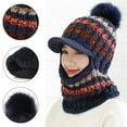 thumbnail image 5 of Techinal Women Winter Crochet Knit Balaclava Beanie Hat with Visor Brim Colorful Striped Cute Pompom Cycling Ski Face Mask Plush Lined Hood Cap Neck Warmer Gaiter Scarf, 5 of 19