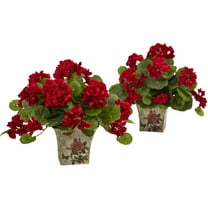 Nearly Natural 11" Geranium Flowering Artificial Plant with Floral Planter, Set of 2, Red