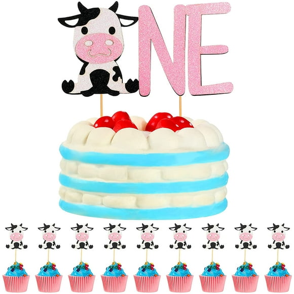 33 Pieces Cow First Birthday Cupcake Topper Cow 1st Birthday Cake Toppers Picks Pink Number Cake Sticks for Cow Themed Baby Girl One Birthday Party Supplies