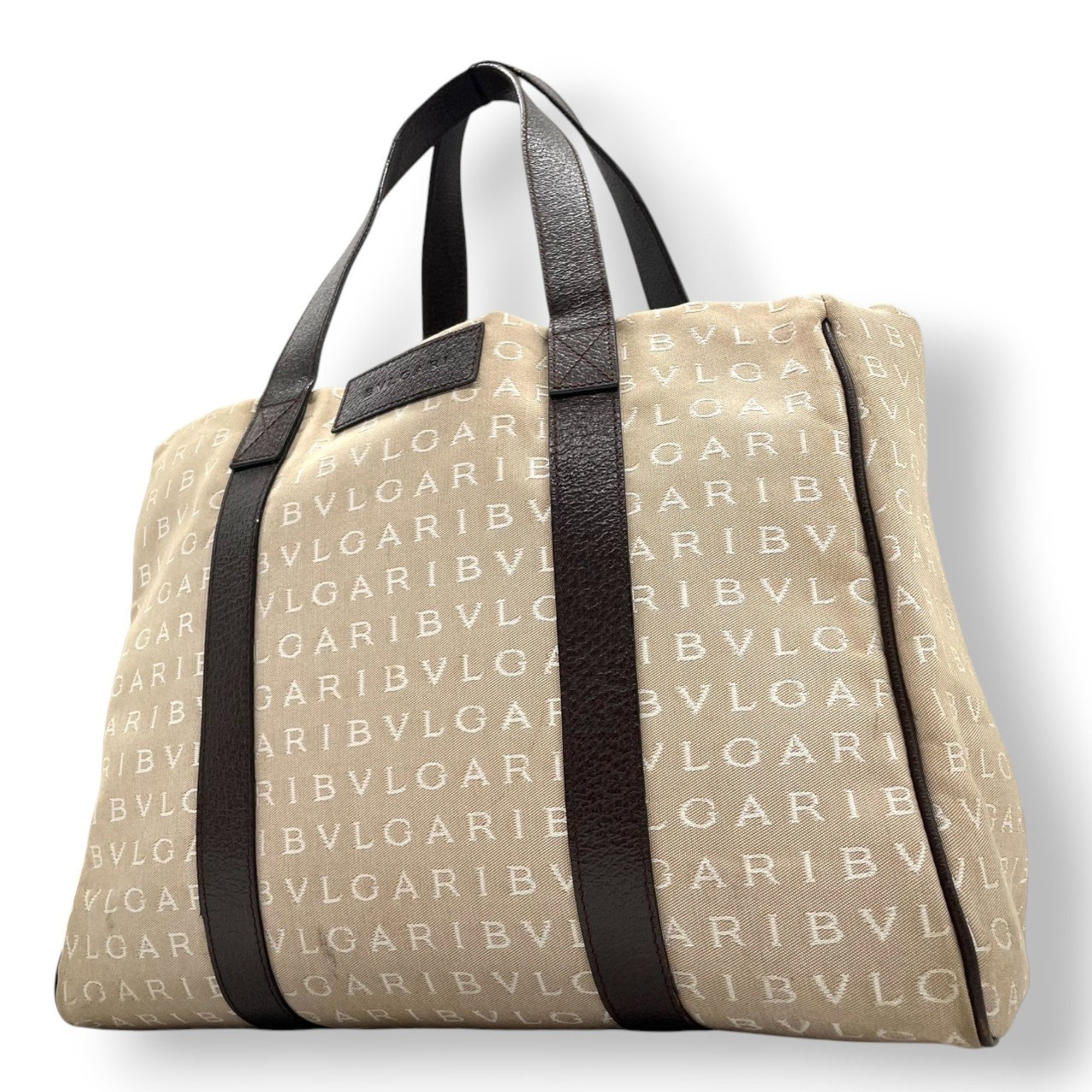 Pre-Owned BVLGARI Logomania Tote Bag, Canvas Leather, Beige and Brown, Women's,... (Good)