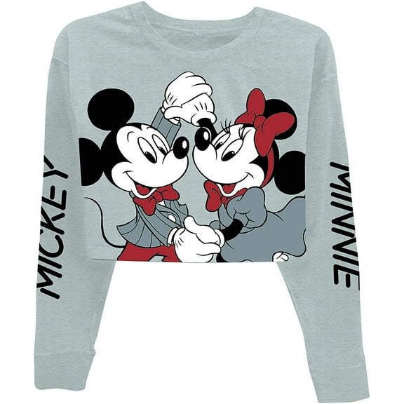 Disney Women's Mickey Mouse Sweatshirt, Graphic Print Cropped Top Sweatshirt Heather Grey – S