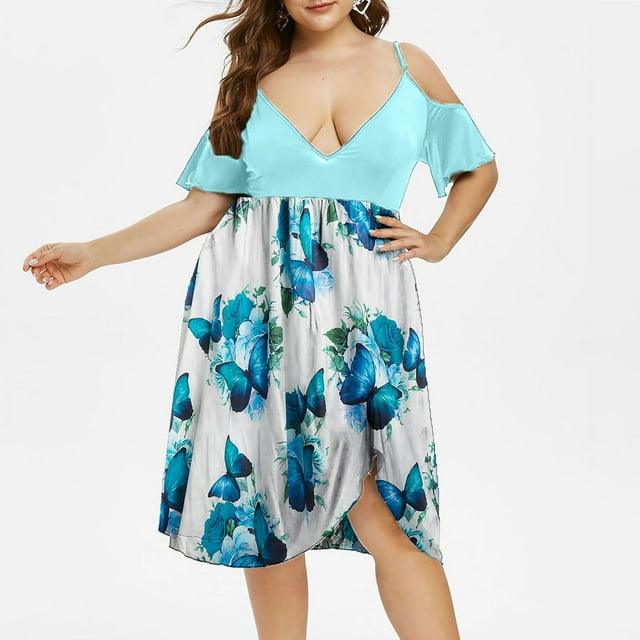 LSLJS Robe Bohème à Manches Courtes Imprimé Floral Col en V pour Femmes Grande Taille