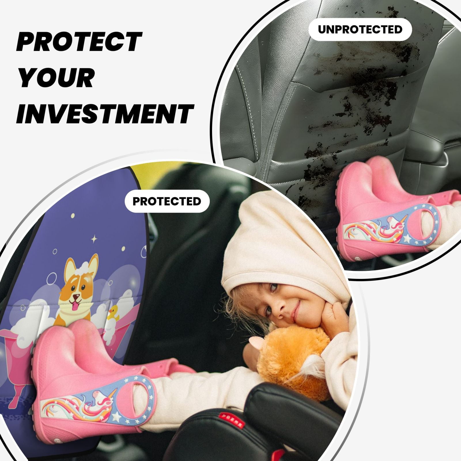 Kdxio Dog Washes in a Bath Print 2 Pack Car Kick Mat Seat Cover Back Protector Mat with Pockets for Organizer Backseat Protector and Storage Anti Kick Pad for Vehicles