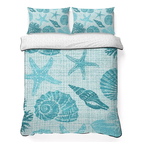 Quilts King Size Bedding Set, Teal Coastal Lightweight Quilted Comforter, Vintage Starfish Shell Summer Tropical Soft Reversible Bedspread Coverlet with Pillow Covers for All Season, 96" x 106"