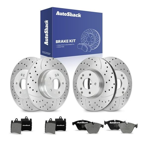 AutoShack Front Vented & Rear Solid Drilled & Slotted Silver Zinc Coated Brake Rotors   Ceramic Pads 12-PC Brake Kit Replacement for 2006-2007 Mercedes-Benz C280 SilverShield Pro