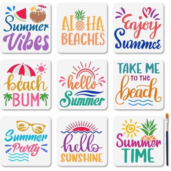 9Pcs Summer Slogan Stencil Set Reusable Hello Sunshine Stencils for Painting 5.9×5.9inch Beach Party Art Craft Templates with Paint Brush for Window Wood Wall Home Gift Decor White DIY