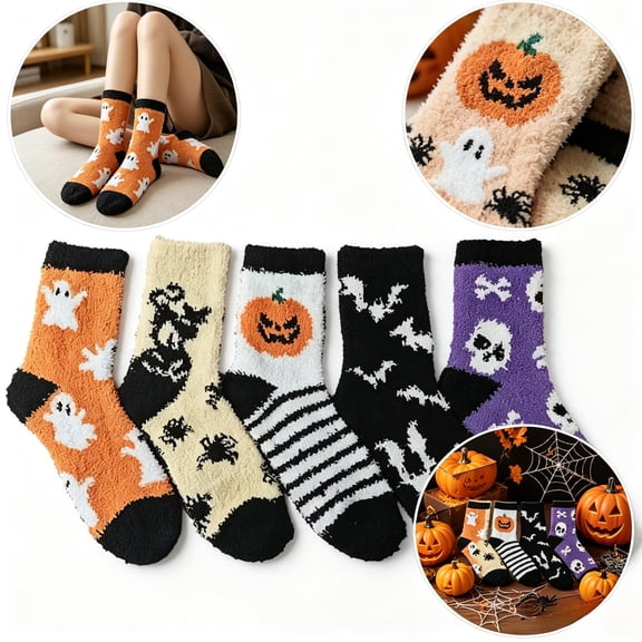 Halloween Fuzzy Socks, Fluffy Cozy Winter Slipper Socks 5 Pairs Super Soft Comfortable Warm Spa Indoor Home Sleeping Socks