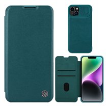 Nalacover Wallet Case for iPhone 15 6.1" with Camera Lens Sliding Cover Card Slots Holder, Premium PU Leather Shockproof Lens Protection Flip Folio Case for iPhone 15, Green