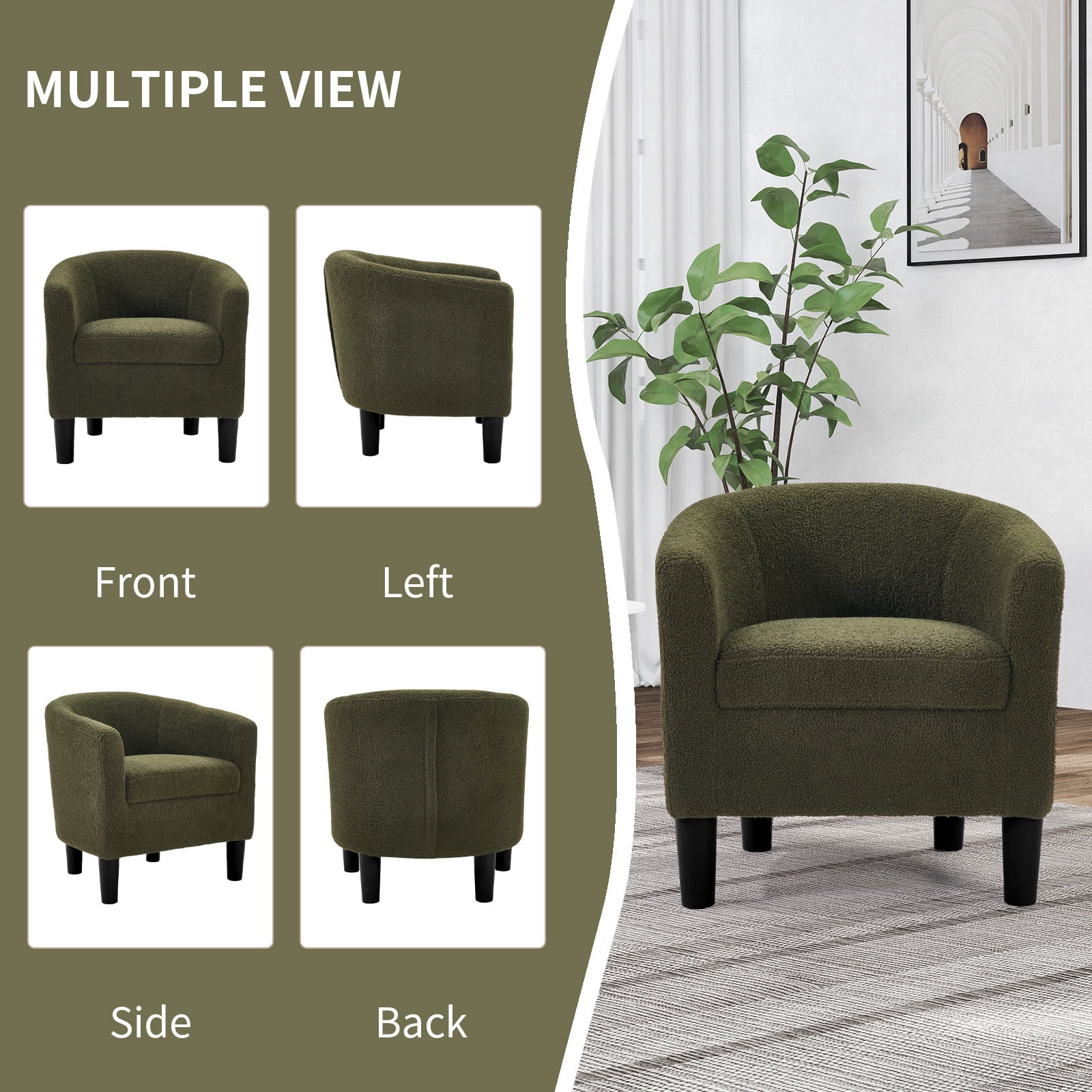 Bonzy Home Accent Barrel Chair, Teddy Fleece Upholstered Club Chair with Armrest Small Reading Chair, for Living Room, Bedroom & Reception Room, Green