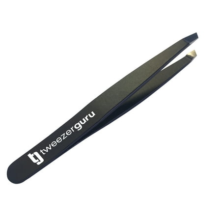 Tweezers for Eyebrows - Slant Tip - Tweezer Guru Stainless Steel Precision Facial Hair Remover - Ingrown Hair, Splinter, Blackhead and Tick Removal for Women & Men (Black)