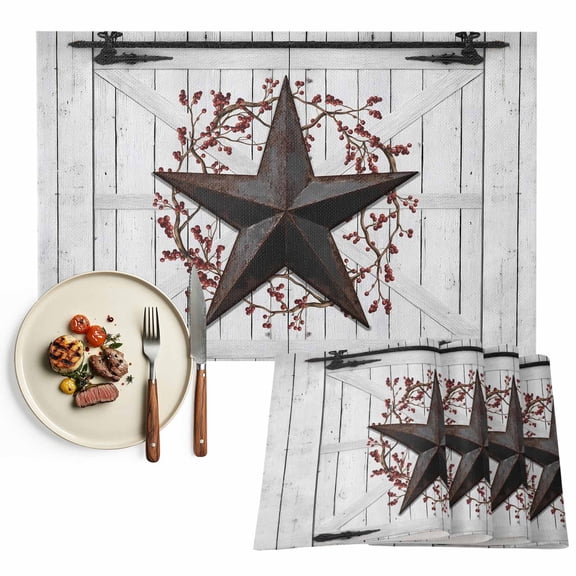 Placemats Set of 4, Rusty Barn Star Berry Place Mats Rustic Farmhouse Door Wall Tablemats Washable Placemat Table Decoration for Kitchen Table Dinner Party Home Decor Indoor Outdoor 13x19 Inch
