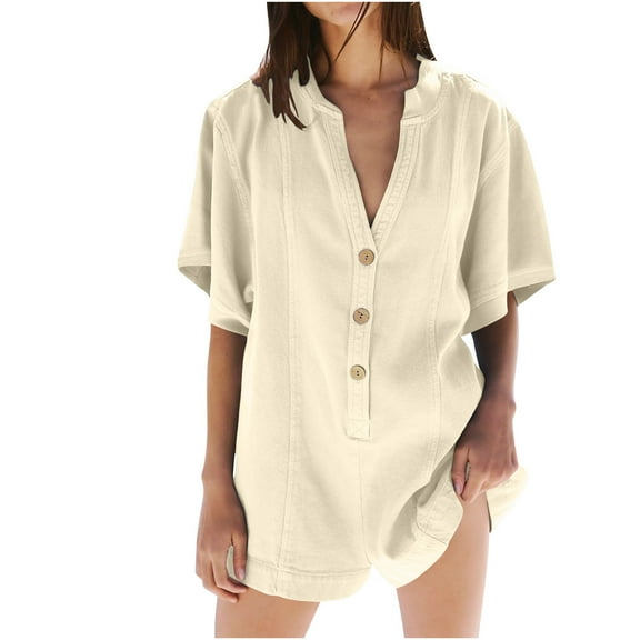 hotojiny Women's Romper Summer Half Sleeve One-Piece Outfit Casual V Neck Button Wide Leg Short Jumpsuit Beach Clothes