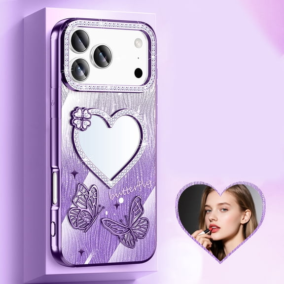Luxury Bling Case For iPhone 14, Shiny Rhinestone Diamond Heart Mirror Butterfly Design, Slim Protective Shockproof Glitter Bumper Phone Cover for Women and Girls Sparkling, Purple