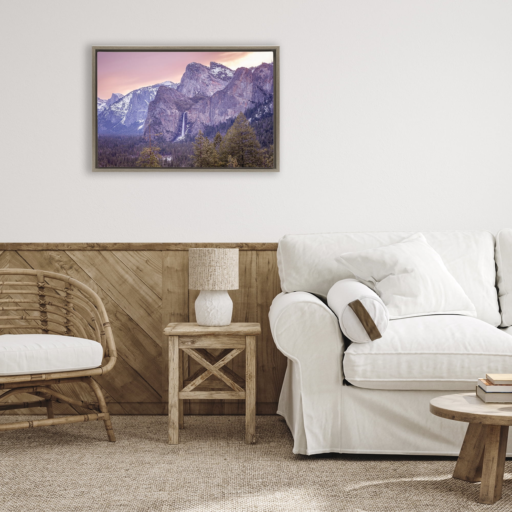 Stupell Industries Majestic Mountain Waterfall Sunset Brown Framed Floater Canvas Wall Art, design by Shelley Carlisle