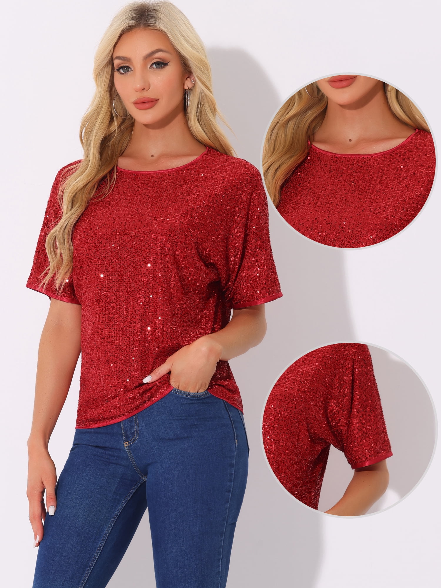 DARING DIVA Women's Costume Sequin Clubwear Blouses T-Shirts XL Red