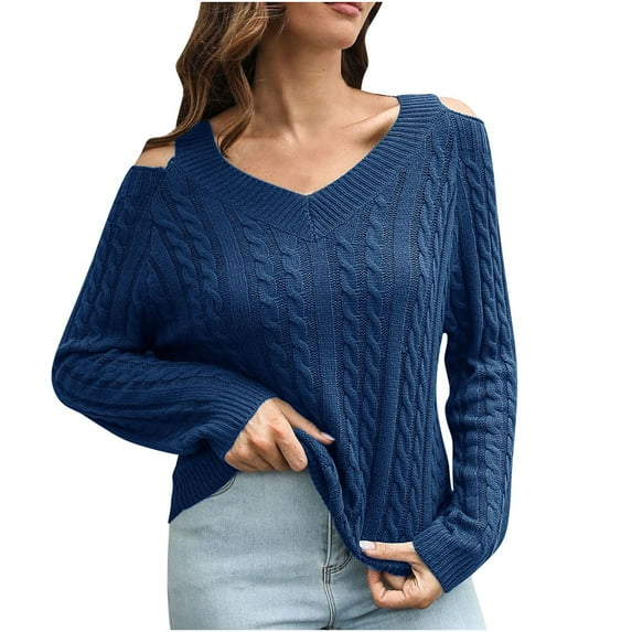 Womens Fall Fashion 2022! QLEICOM Sweaters for Women, Women's Off Shoulder V-Neck Sweater Women's Loose Autumn Winter Long Sleeve Knit Sweater On Clearance