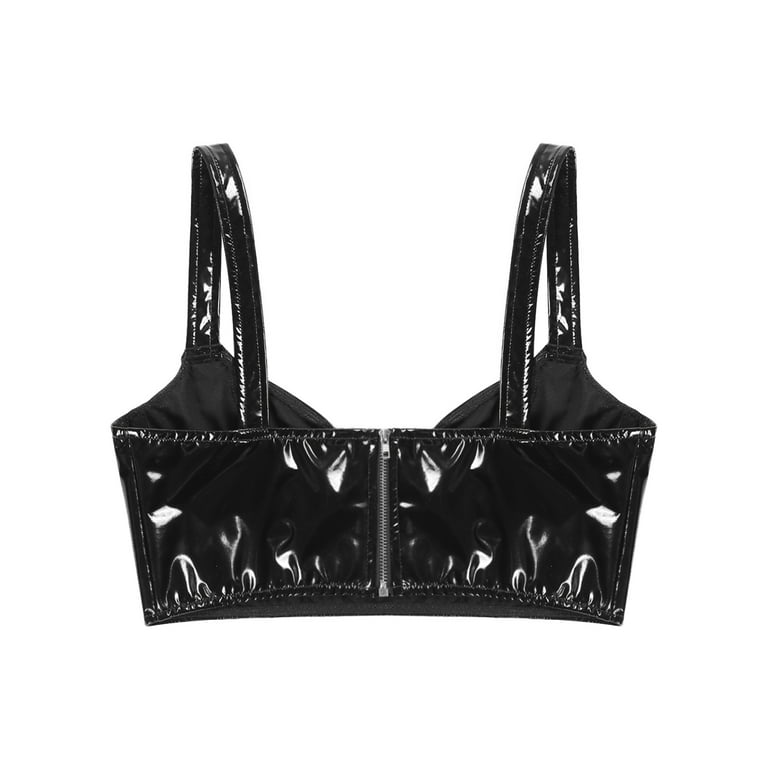 Woman's Patent Leather Crop Top Bra Deep V Wire-free Unlined Bralette  Lingerie 