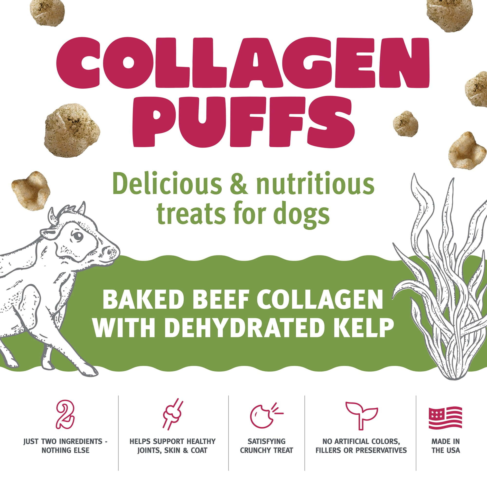 Icelandic+ Collagen Puffs: Baked Beef Collagen W/ Dehydrated Kelp 2.5oz - Treats For Med-Lg Dogs, Crunchy Protein Bites