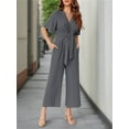 thumbnail image 4 of Summer V-neck Womens Wide Leg Jumpsuits Short Sleeve Tie Knot Front Long Romper, 4 of 6