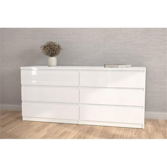 Kingfisher Lane Contemporary 6-Drawer Wood Double Dresser, White High Gloss