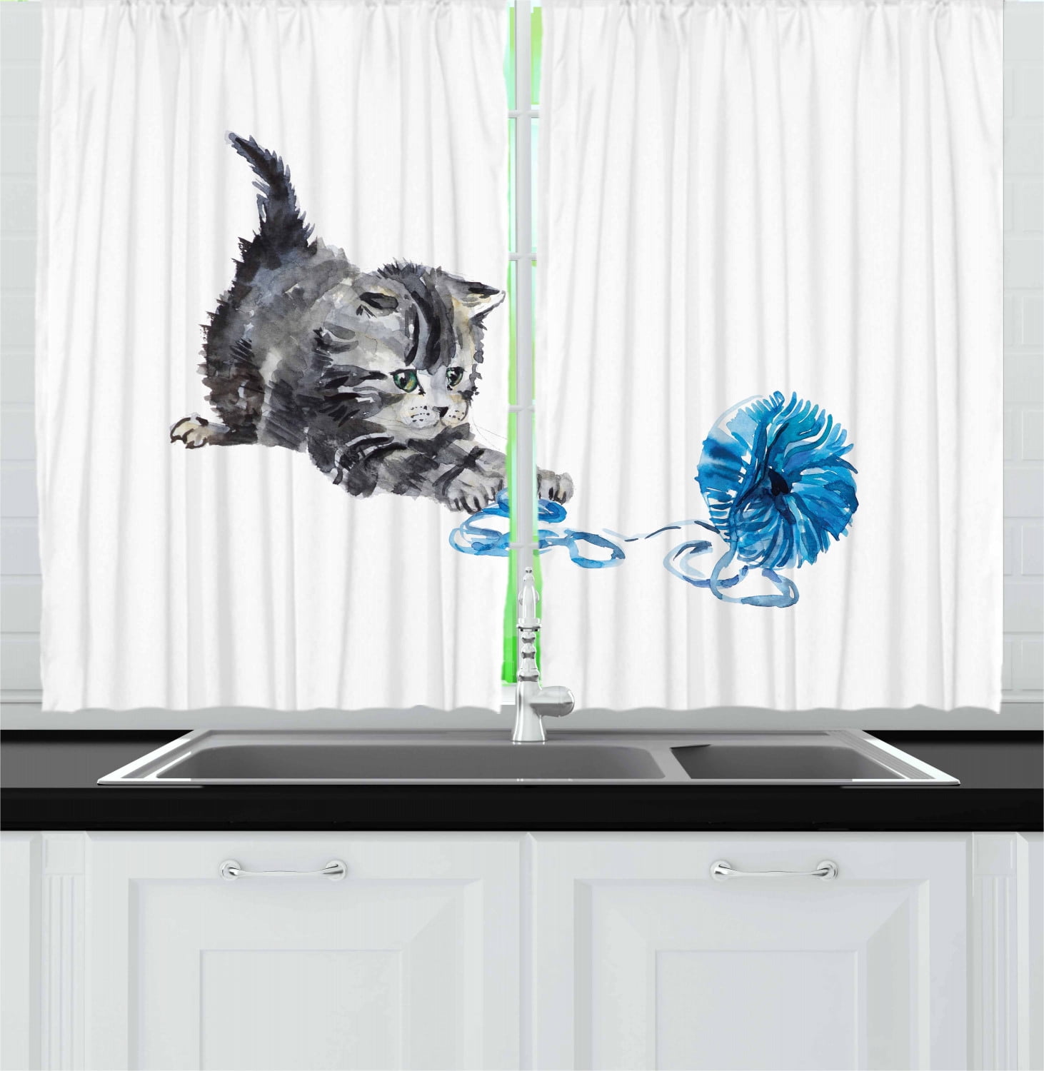 Cat Curtains 2 Panels Set, Playful Baby Kitten with Ball of Yarn Furry