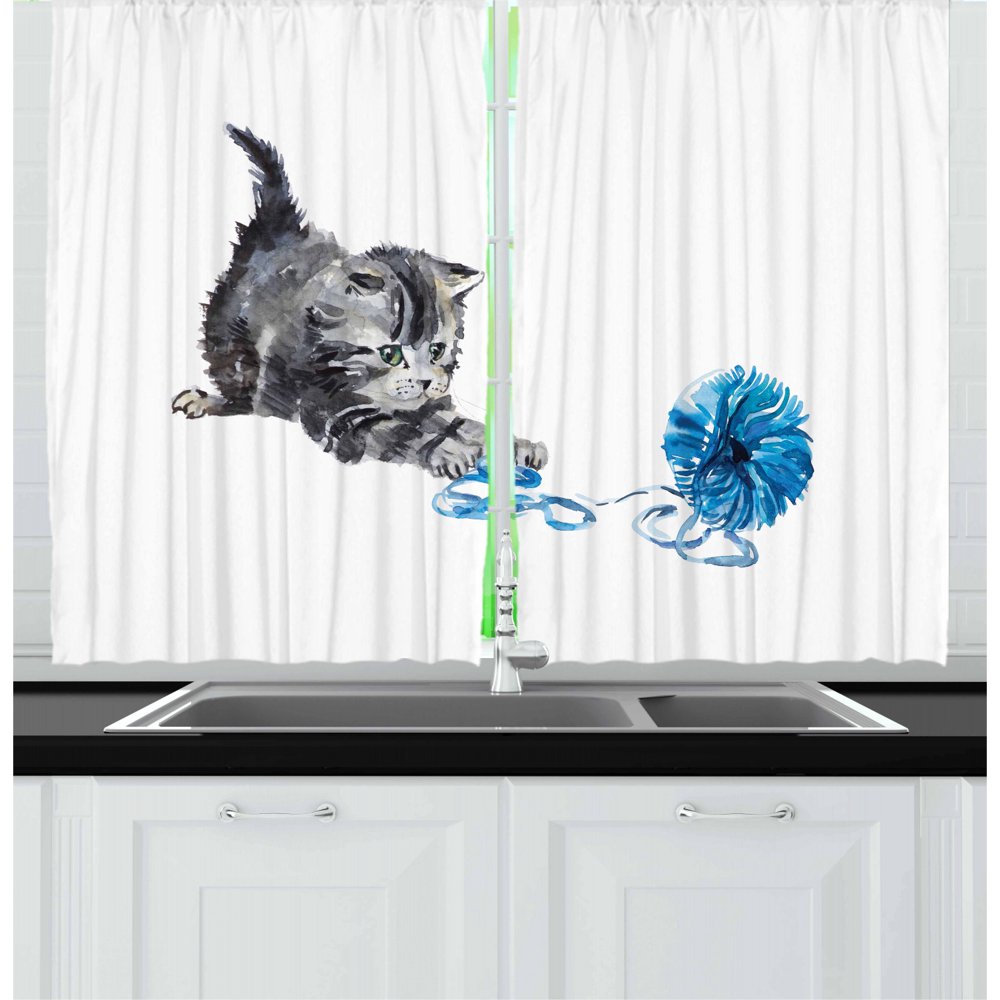 Cat Curtains 2 Panels Set, Playful Baby Kitten with Ball of Yarn Furry