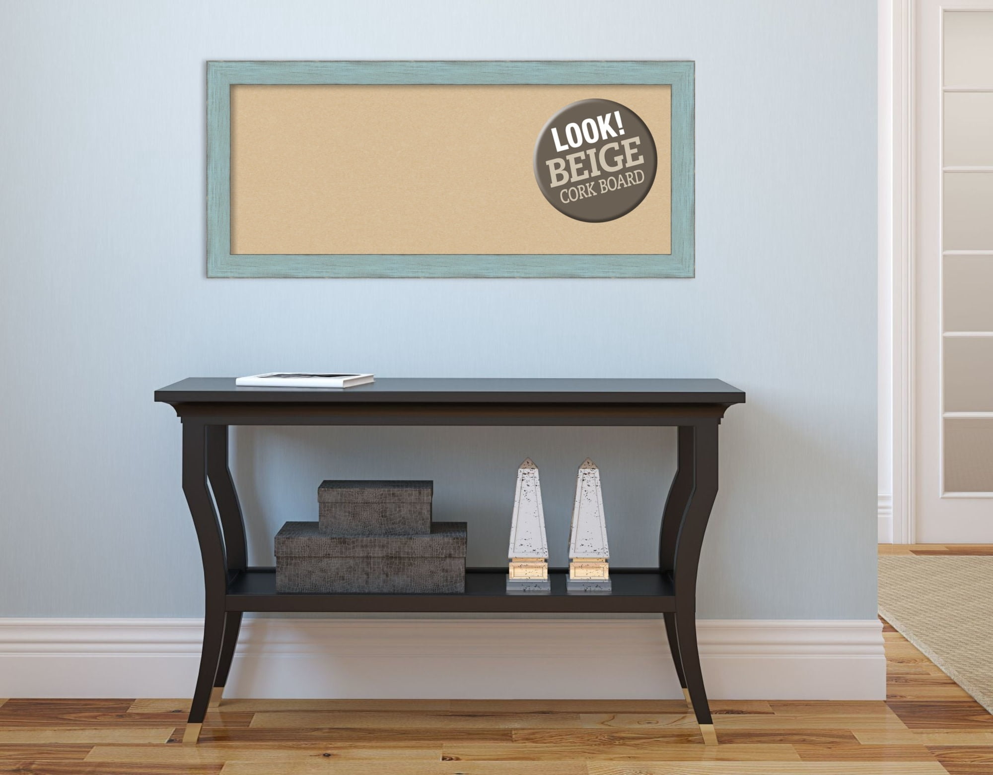 Amanti Art Natural Cork Board Wood Framed Sky Blue Rustic Bulletin Board 32 in. x 14 in.