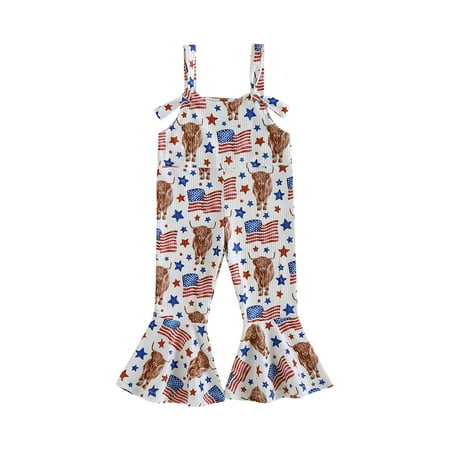 

Toddler Girl Independence Day Bell Bottom Romper Baby Floral Print One Piece Cotton Jumpsuit Flare Pants Overalls Summer