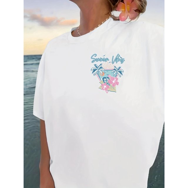 Short Sleeve Summer Vibes Print Drop Shoulder T-shirt, Crew Neck Casual Top For Spring & Women's Clothing