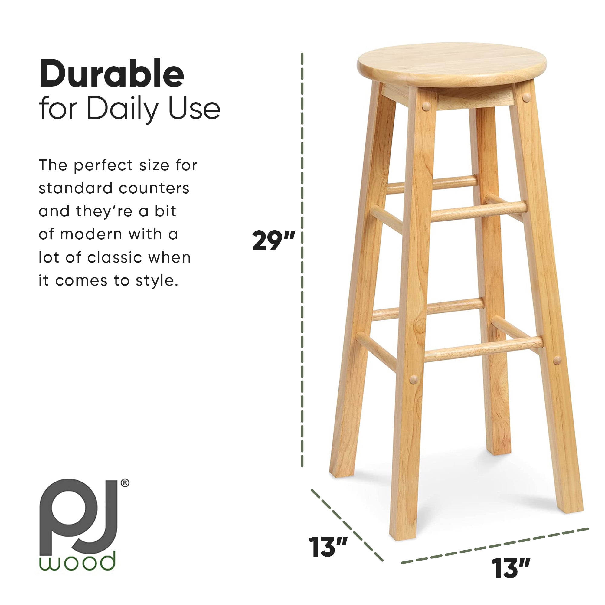 PJ Wood Classic Round-Seat 29 Inch Kitchen Bar Stools, Natural, Set of 2