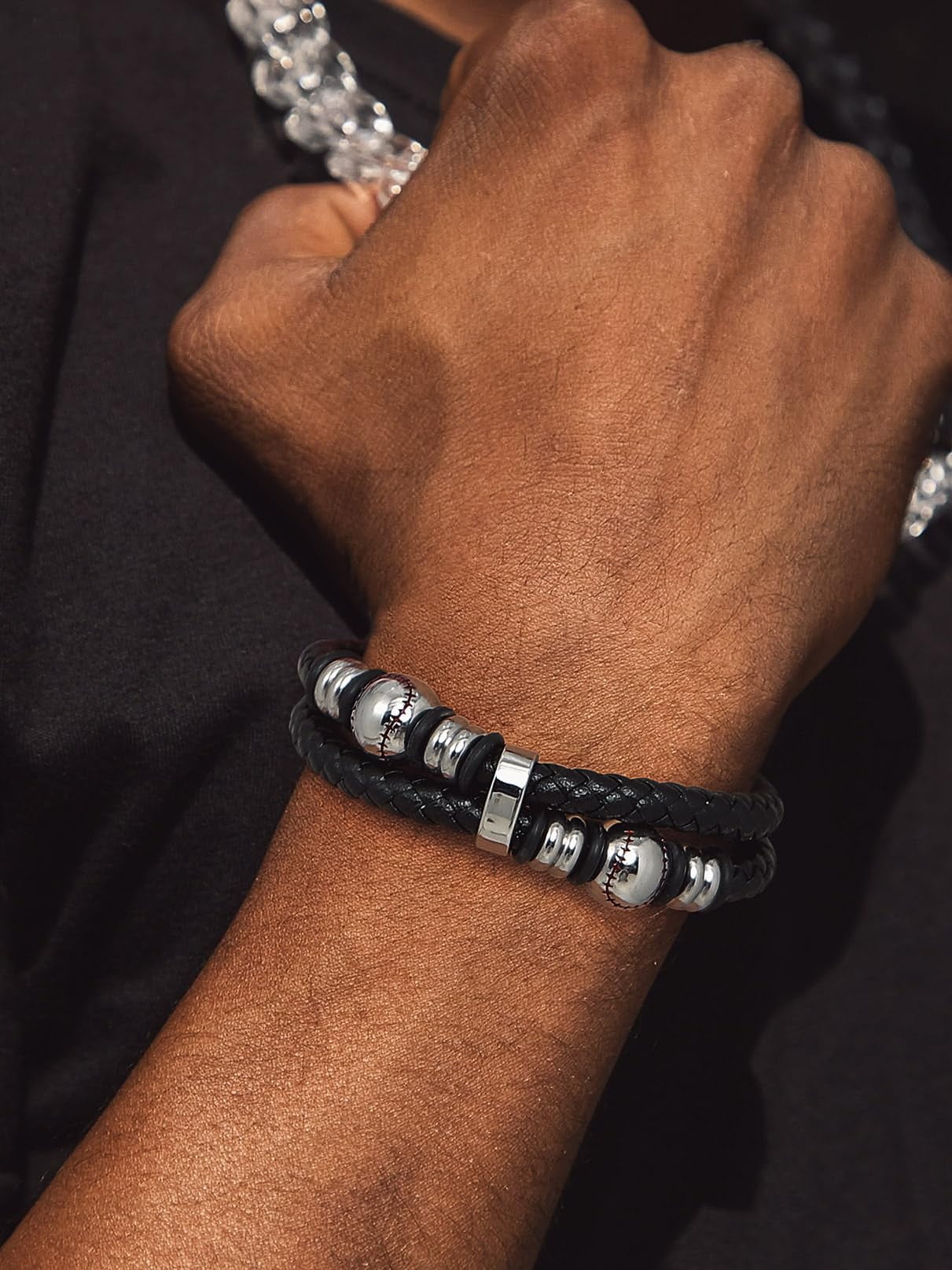 Bandmax Black Leather Bracelets for Men Double-Layer Baseball Braided Rope Bracelet with Stainless Steel Baseball Beads Wristband Wrist Bangle for Birthday Gift