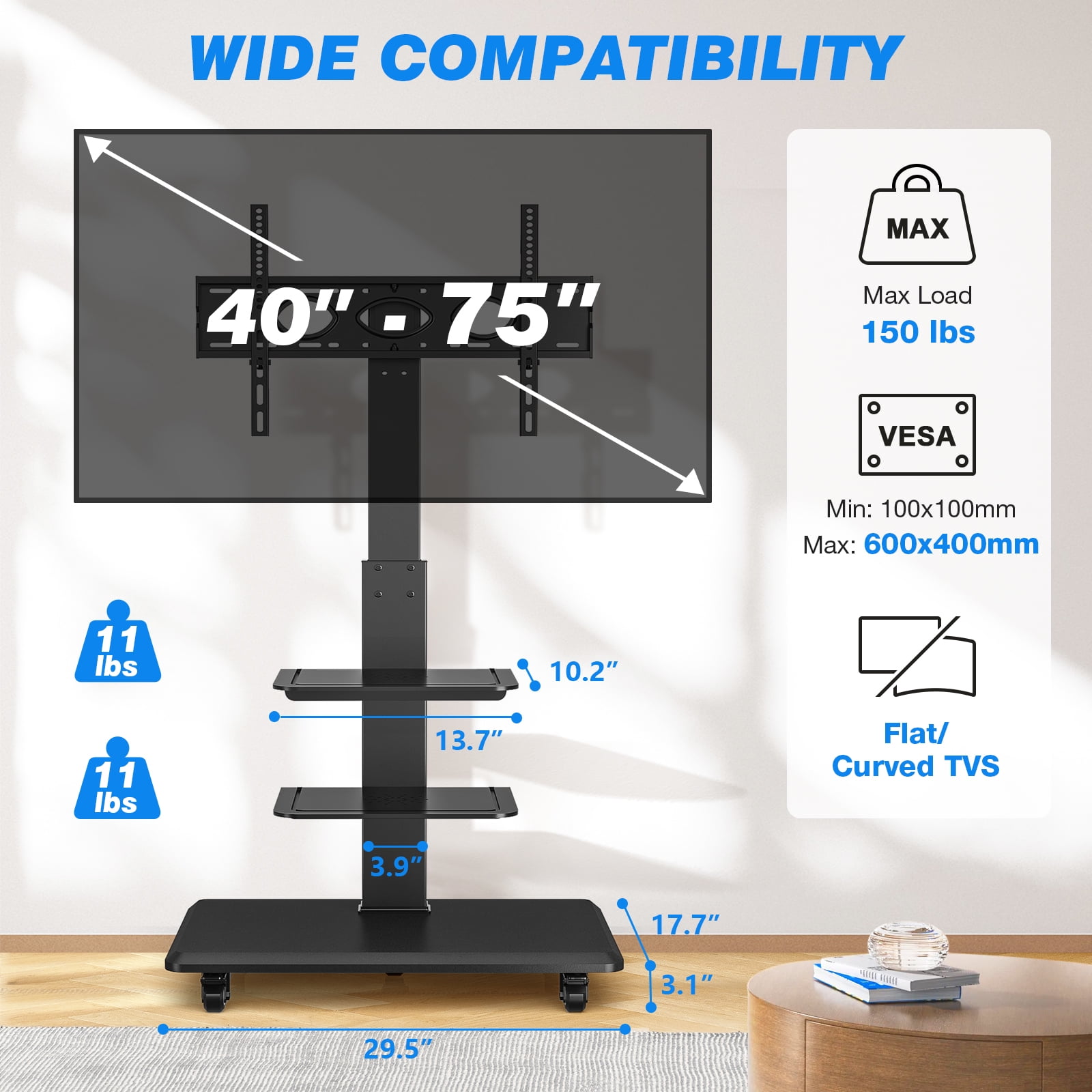 RTVR Universal Rolling Mobile TV Stand for 40-75 inch Flat Screens, Swivel Adjustable Corner Floor TV Stand for Home Office, Black