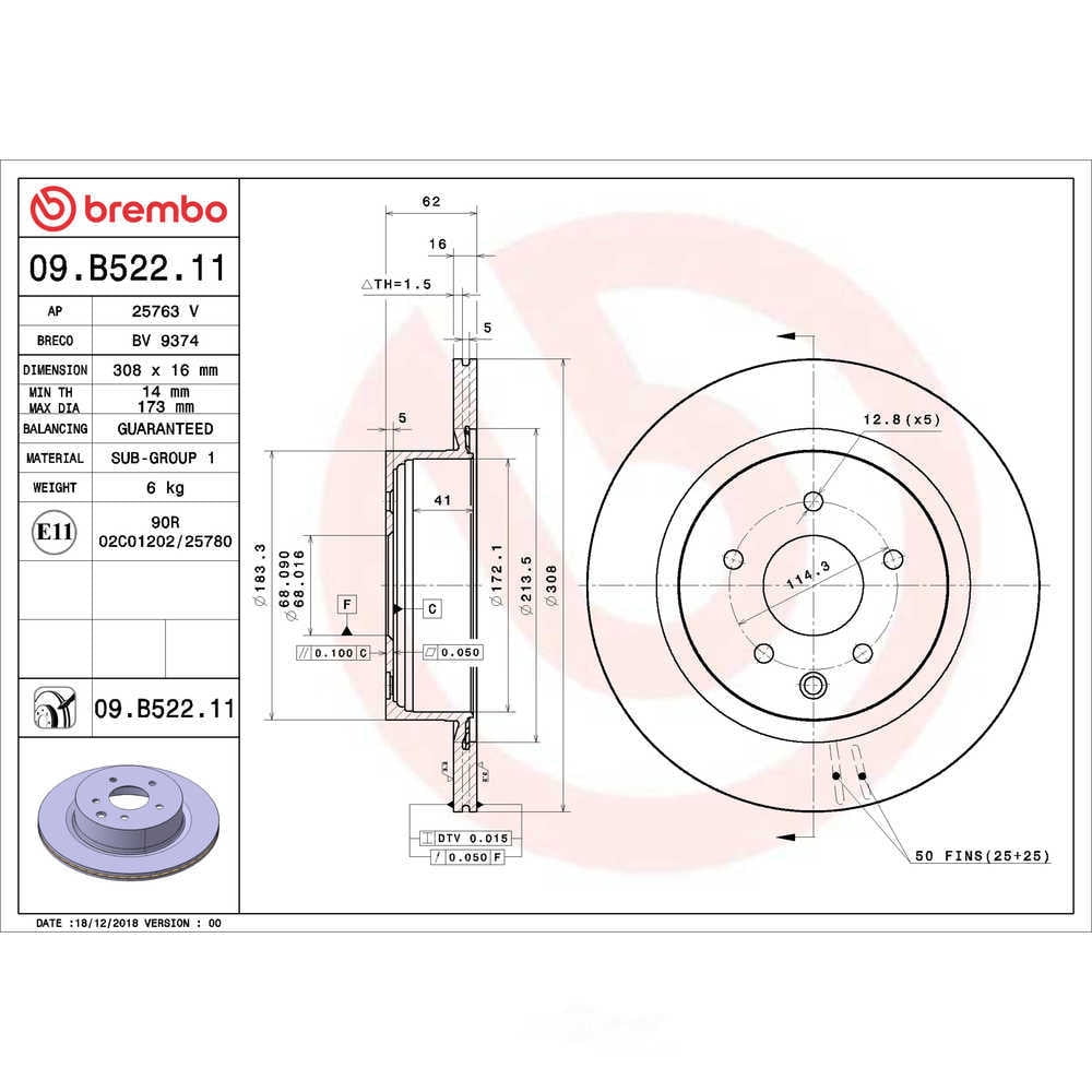 Brembo Rear Left or Right 308mm UV Coated Disc Brake Rotor for Infiniti Nissan Fits select: 2009-2013 INFINITI G37, 2005-2008 INFINITI G35