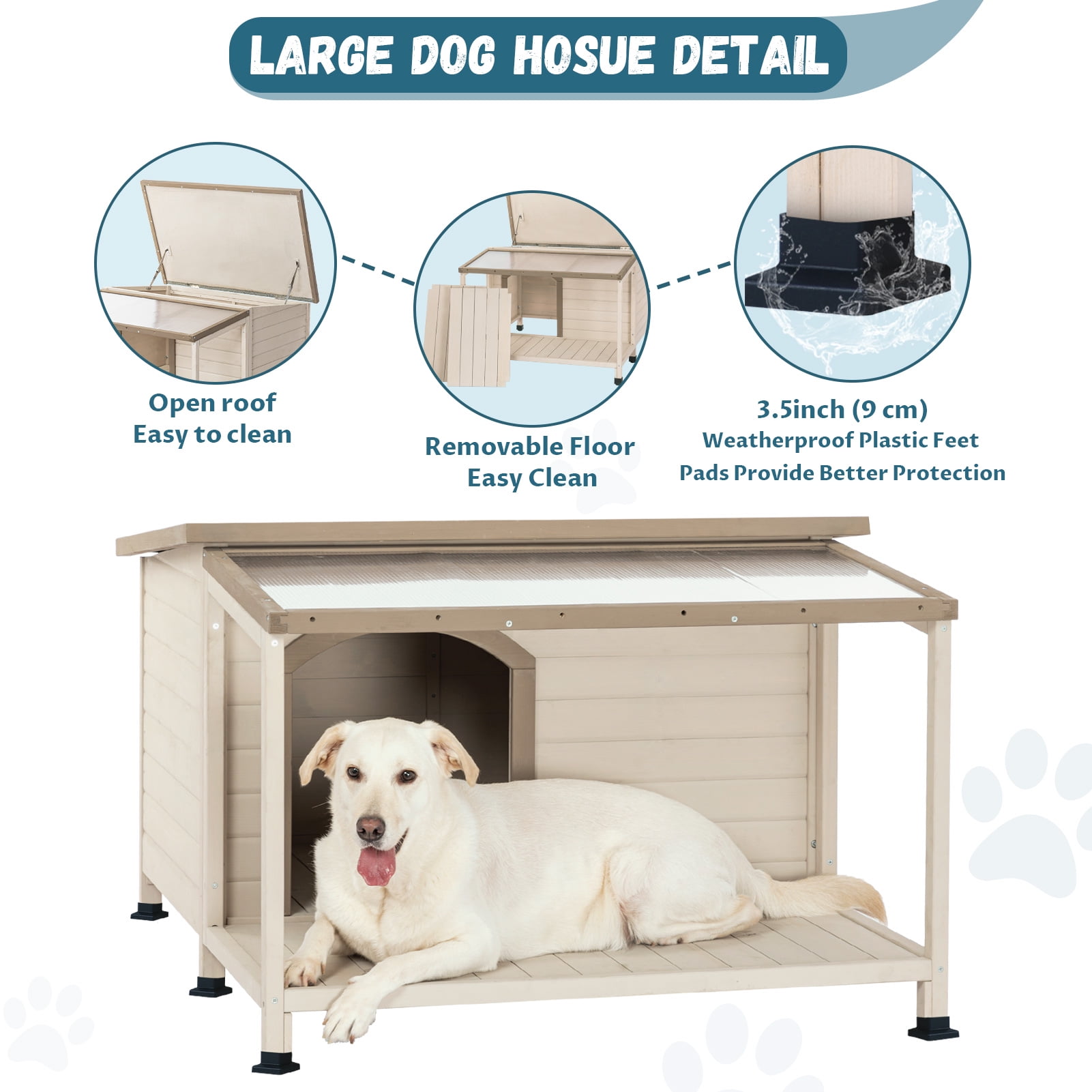 Petsfit Dog House, PVC Asphalt Roof Dog House for Large Dogs, Weatherproof Large Dog House with Extra-Large Terrace