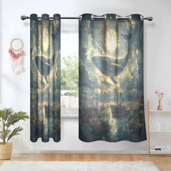 Yayeee Window Curtains Light Filtering 63"x42" Grommet Panel Pair Home Living Room Decor, Whale and Moon