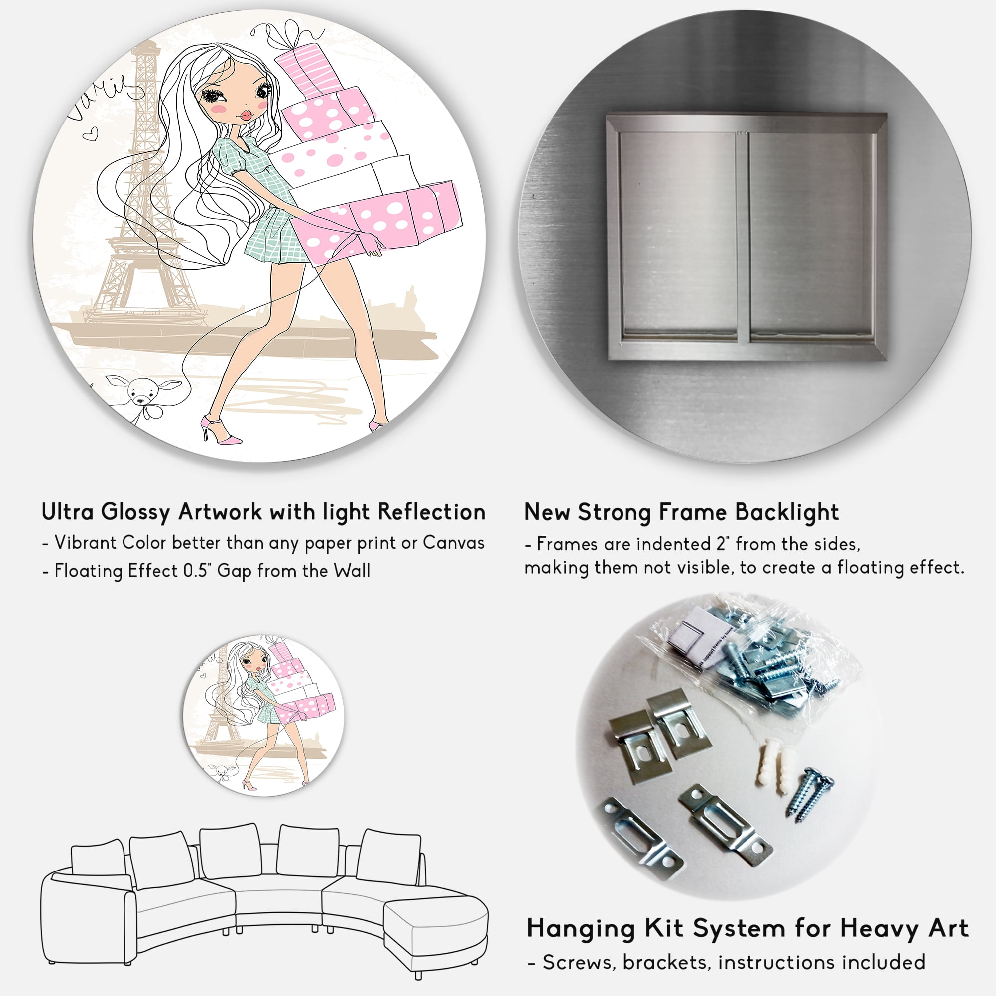 Designart 'Young Woman With Shopping Boxes In Paris' Shabby Chic Circle Metal Wall Art 29x29 - Disc of 29